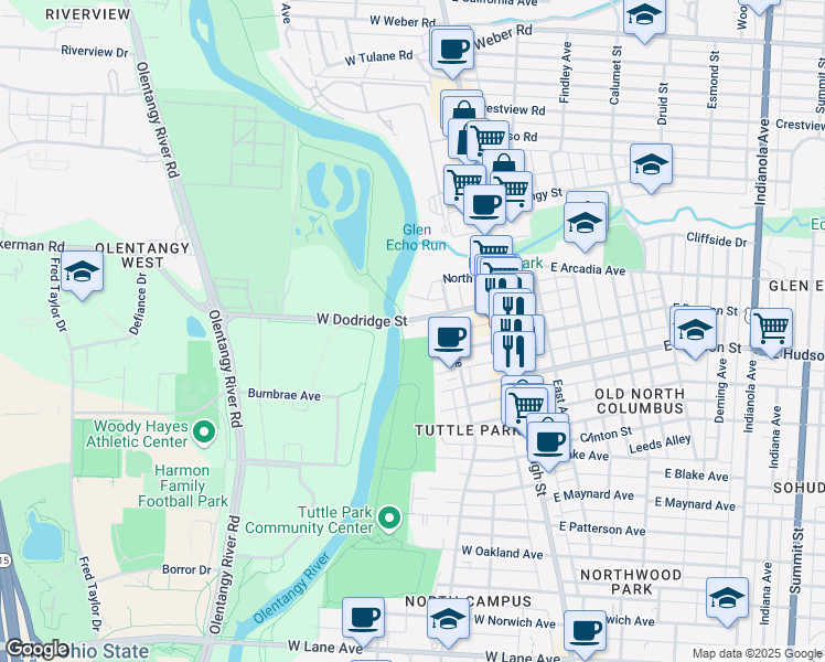 map of restaurants, bars, coffee shops, grocery stores, and more near 125 West Dodridge Street in Columbus