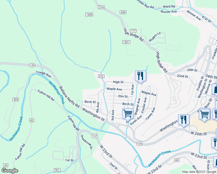 map of restaurants, bars, coffee shops, grocery stores, and more near 1250 Maple Avenue in Bellaire