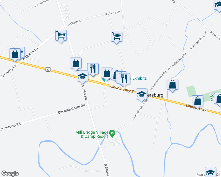 map of restaurants, bars, coffee shops, grocery stores, and more near 2836 Lincoln Highway East in Ronks