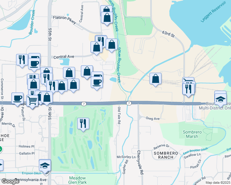 map of restaurants, bars, coffee shops, grocery stores, and more near 5845 Arapahoe Avenue in Boulder