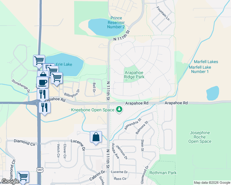 map of restaurants, bars, coffee shops, grocery stores, and more near 2930 Hughs Drive in Erie