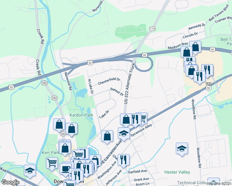 map of restaurants, bars, coffee shops, grocery stores, and more near 418 Sunset Drive in Downingtown