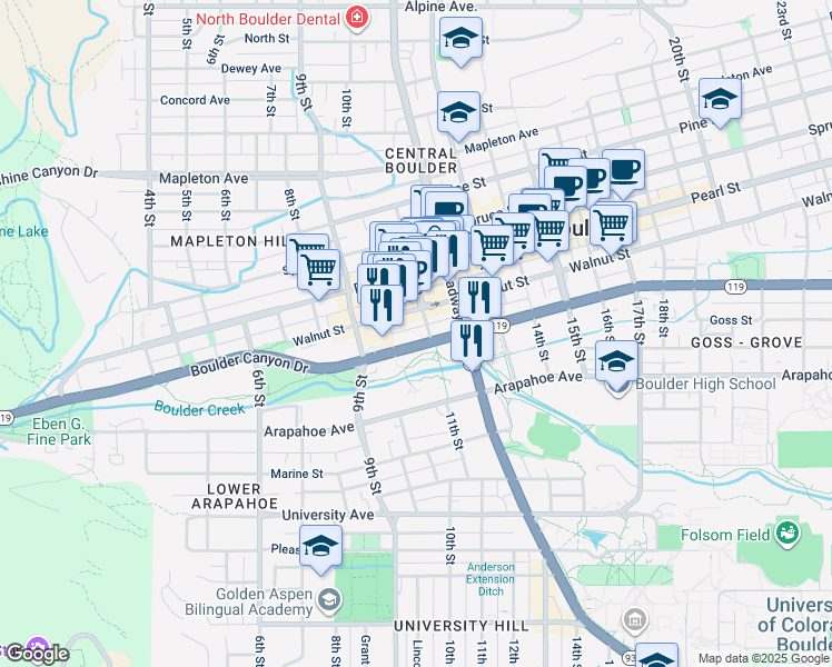 map of restaurants, bars, coffee shops, grocery stores, and more near 1095 Canyon Boulevard in Boulder