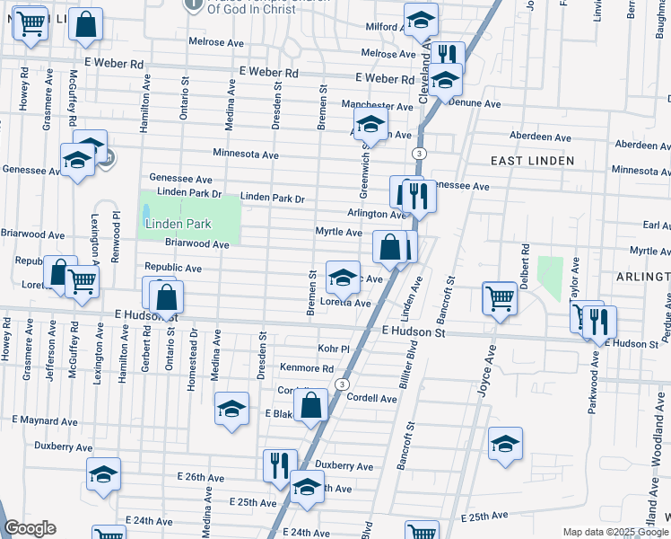 map of restaurants, bars, coffee shops, grocery stores, and more near 1523 Republic Avenue in Columbus