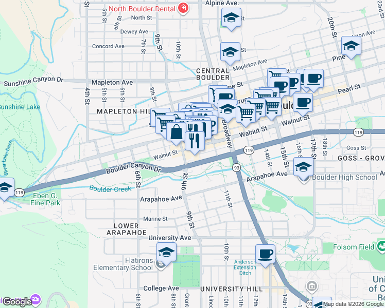 map of restaurants, bars, coffee shops, grocery stores, and more near 900 Walnut Street in Boulder