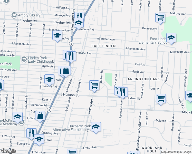 map of restaurants, bars, coffee shops, grocery stores, and more near 2337 Delbert Road in Columbus