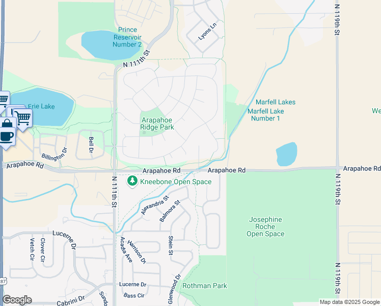 map of restaurants, bars, coffee shops, grocery stores, and more near 1937 Larson Court in Erie