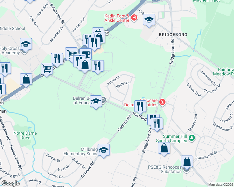 map of restaurants, bars, coffee shops, grocery stores, and more near 6 Marsha Drive in Delran