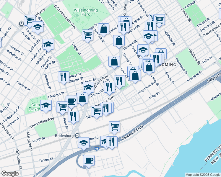 map of restaurants, bars, coffee shops, grocery stores, and more near 2063 Carver Street in Philadelphia