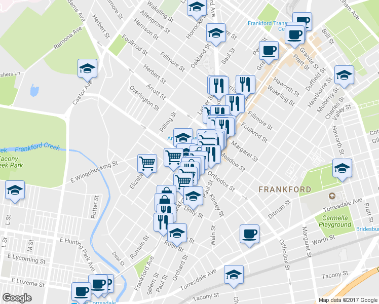 map of restaurants, bars, coffee shops, grocery stores, and more near 4613 Penn Street in Philadelphia