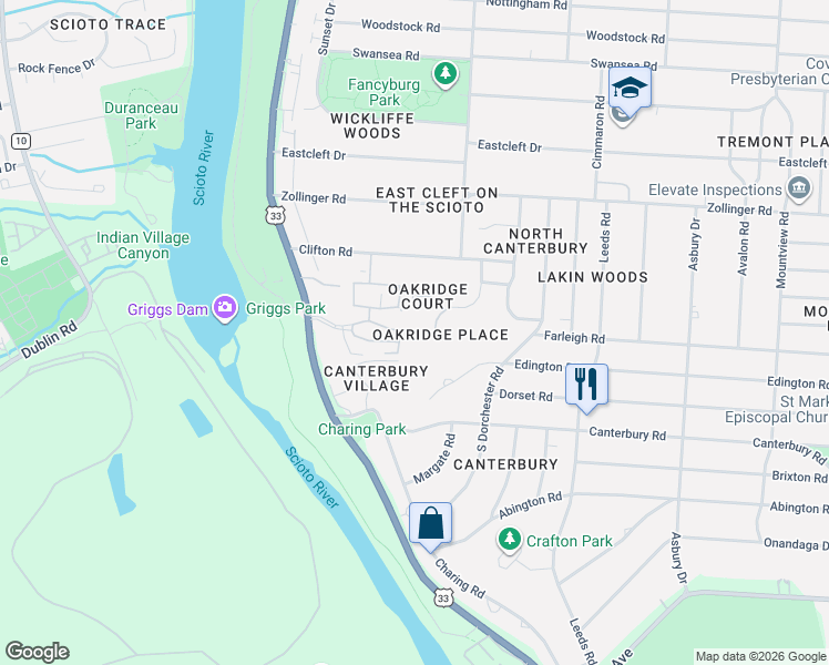 map of restaurants, bars, coffee shops, grocery stores, and more near 2790 Chateau Circle in Columbus