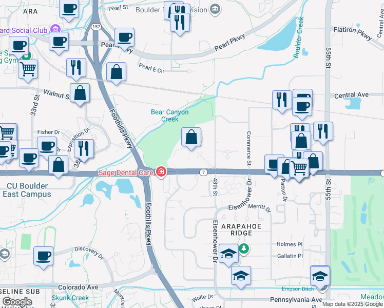 map of restaurants, bars, coffee shops, grocery stores, and more near 4745 Arapahoe Avenue in Boulder