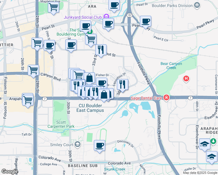 map of restaurants, bars, coffee shops, grocery stores, and more near 3601 Arapahoe Avenue in Boulder