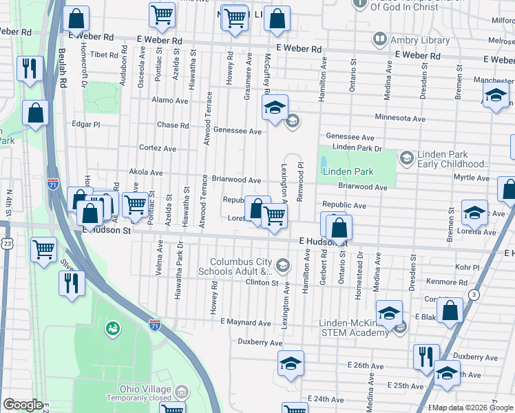 map of restaurants, bars, coffee shops, grocery stores, and more near 2447 Mcguffey Road in Columbus