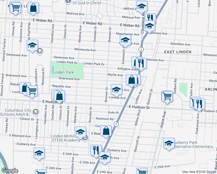 map of restaurants, bars, coffee shops, grocery stores, and more near 1523 Republic Avenue in Columbus