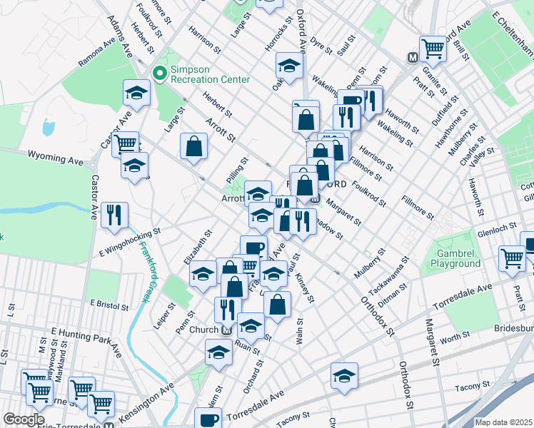 map of restaurants, bars, coffee shops, grocery stores, and more near 4613 Penn Street in Philadelphia