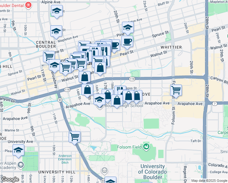 map of restaurants, bars, coffee shops, grocery stores, and more near 1803 Grove Street in Boulder