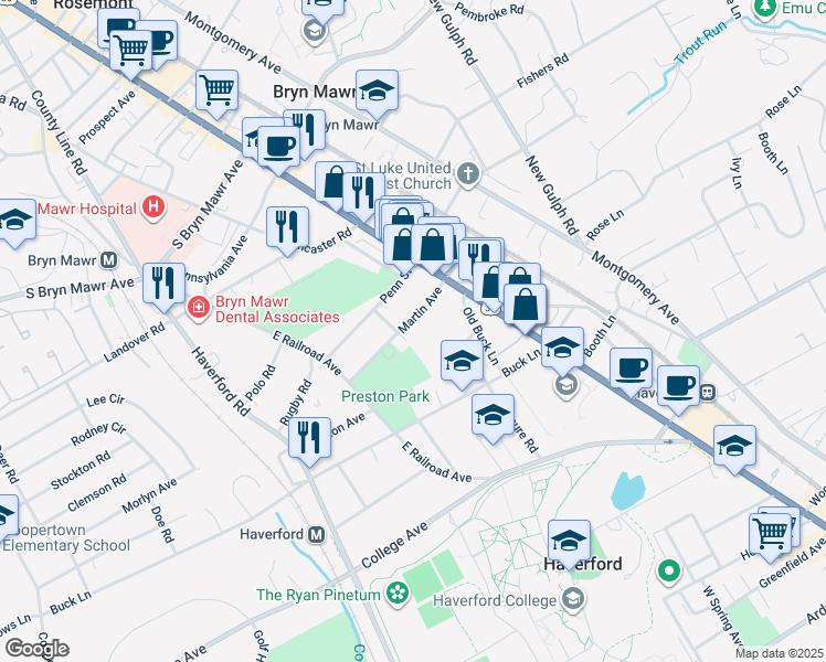 map of restaurants, bars, coffee shops, grocery stores, and more near 859 Martin Avenue in Bryn Mawr