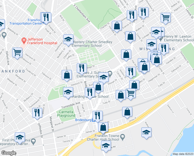 map of restaurants, bars, coffee shops, grocery stores, and more near 5266 Glenloch St in Philadelphia