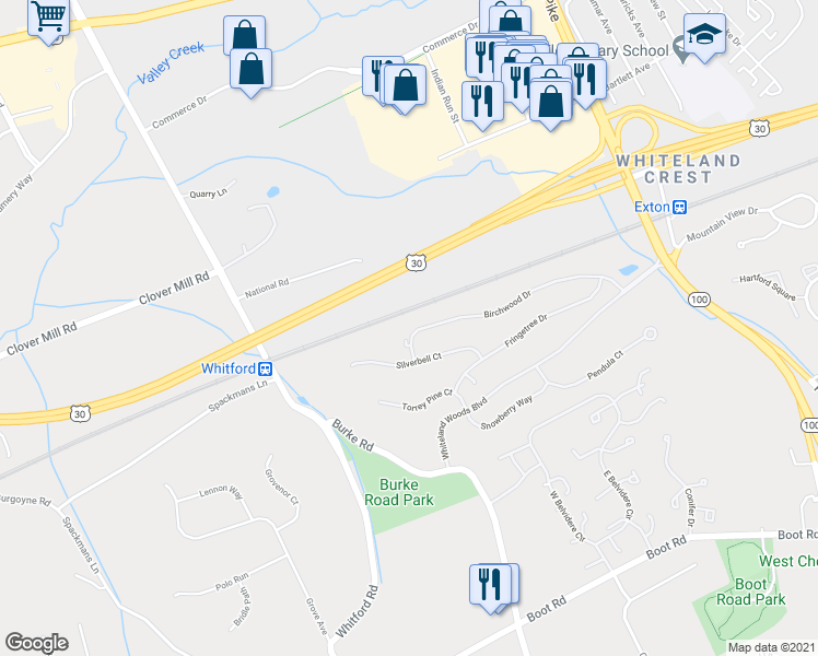 map of restaurants, bars, coffee shops, grocery stores, and more near 255 Birchwood Drive in West Chester