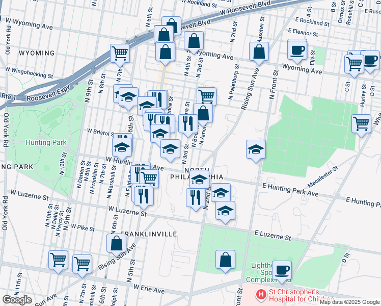 map of restaurants, bars, coffee shops, grocery stores, and more near 4258 North Bodine Street in Philadelphia