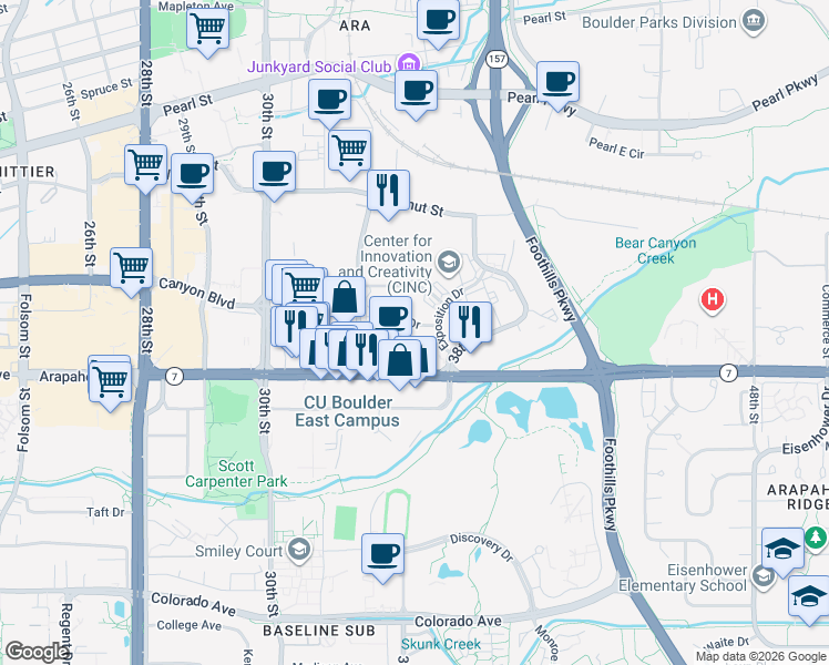 map of restaurants, bars, coffee shops, grocery stores, and more near 3601 Arapahoe Avenue in Boulder