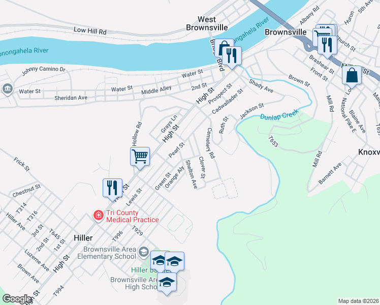 map of restaurants, bars, coffee shops, grocery stores, and more near 401 Green Street in Brownsville