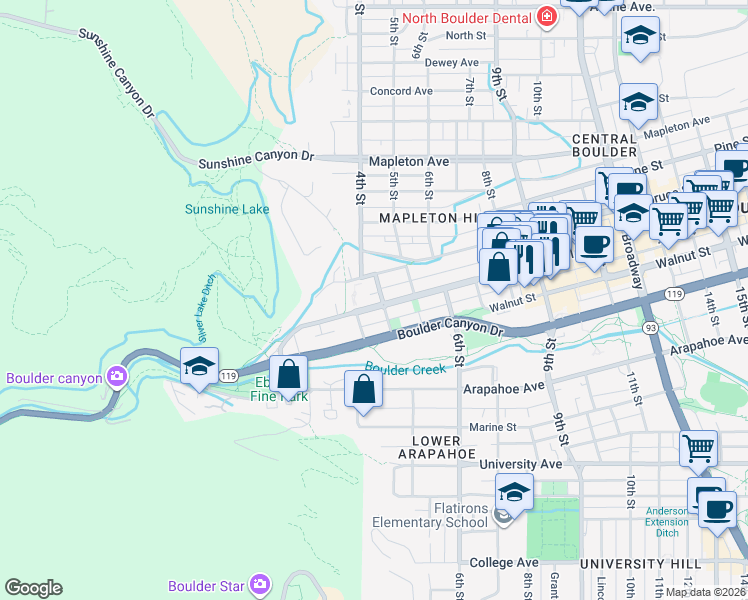 map of restaurants, bars, coffee shops, grocery stores, and more near 320 Pearl Street in Boulder