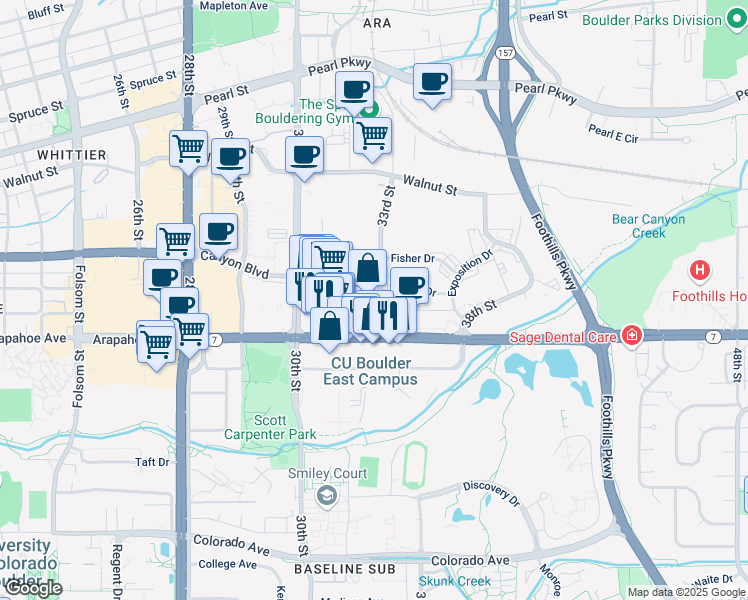 map of restaurants, bars, coffee shops, grocery stores, and more near 1665 33rd Street in Boulder
