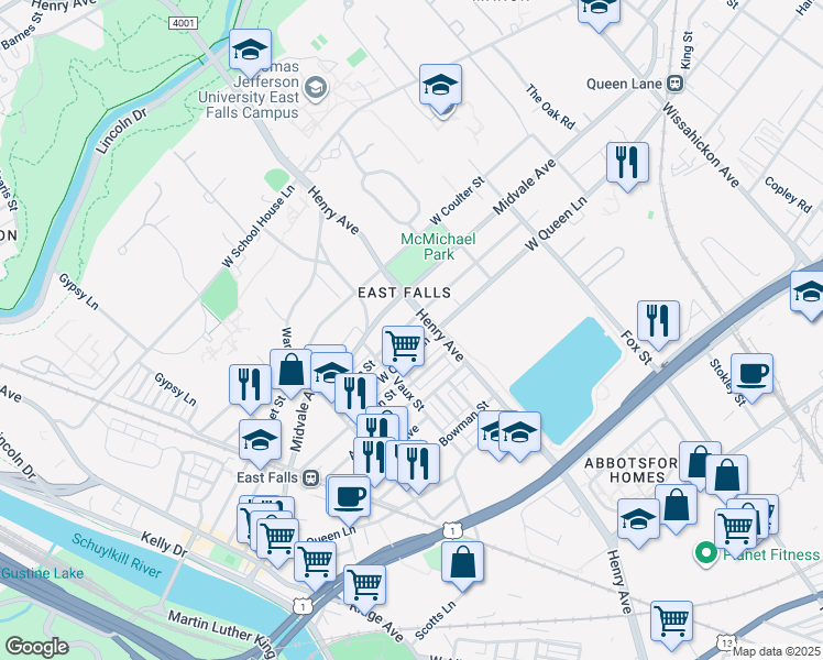 map of restaurants, bars, coffee shops, grocery stores, and more near 3310 West Penn Street in Philadelphia