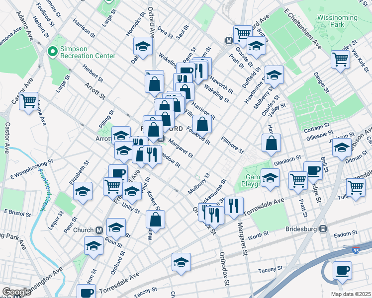 map of restaurants, bars, coffee shops, grocery stores, and more near 1669 Margaret Street in Philadelphia
