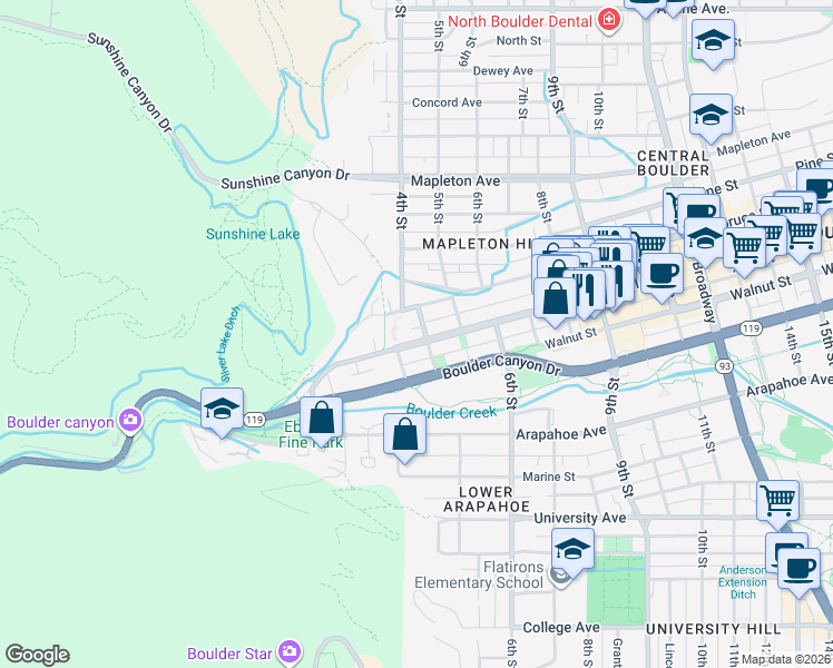 map of restaurants, bars, coffee shops, grocery stores, and more near 320 Pearl Street in Boulder