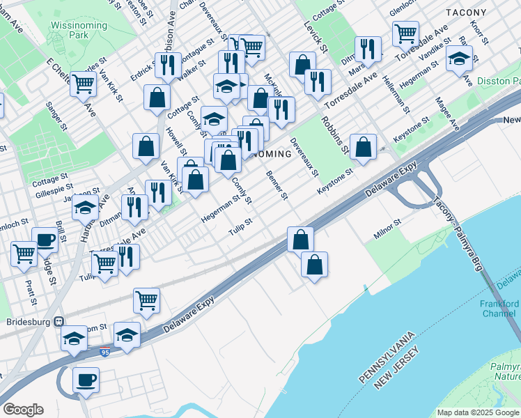 map of restaurants, bars, coffee shops, grocery stores, and more near 6007 Tulip Street in Philadelphia