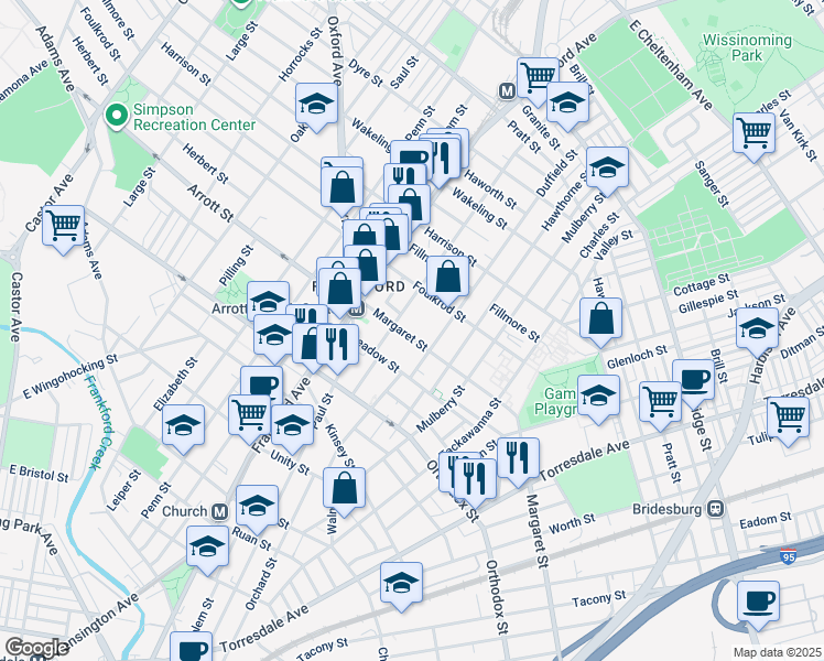 map of restaurants, bars, coffee shops, grocery stores, and more near 1669 Margaret Street in Philadelphia