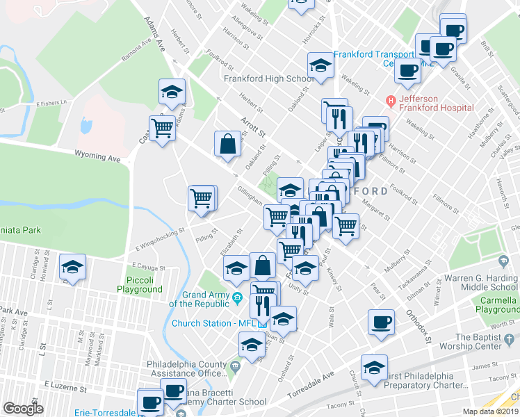 map of restaurants, bars, coffee shops, grocery stores, and more near 4511 Leiper Street in Philadelphia