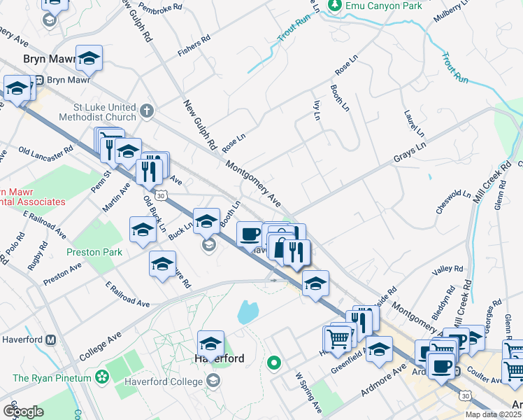 map of restaurants, bars, coffee shops, grocery stores, and more near 424 Old Lancaster Road in Haverford