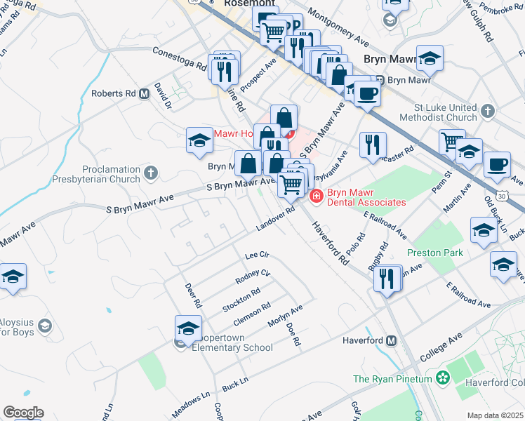 map of restaurants, bars, coffee shops, grocery stores, and more near 214 Landover Road in Bryn Mawr