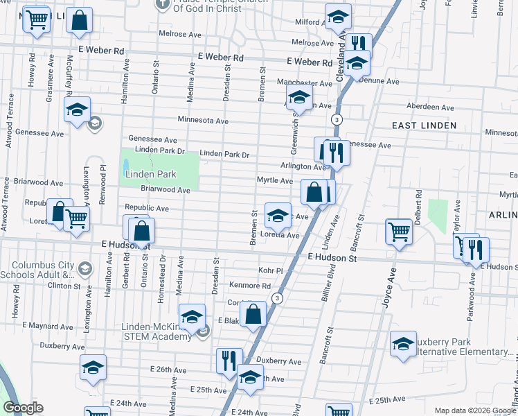 map of restaurants, bars, coffee shops, grocery stores, and more near 1523 Republic Avenue in Columbus