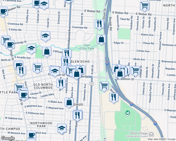 map of restaurants, bars, coffee shops, grocery stores, and more near 2525 North 4th Street in Columbus