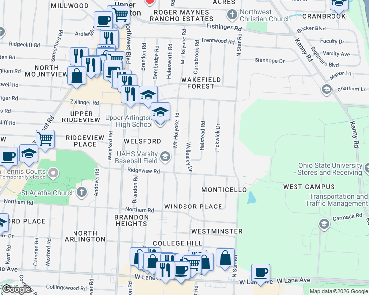 map of restaurants, bars, coffee shops, grocery stores, and more near 2835 Wellesley Drive in Columbus