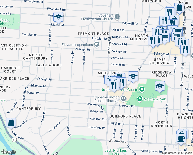 map of restaurants, bars, coffee shops, grocery stores, and more near 2228 Farleigh Road in Columbus