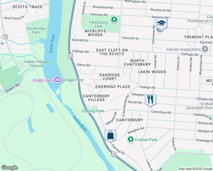 map of restaurants, bars, coffee shops, grocery stores, and more near 2790 Chateau Circle in Columbus