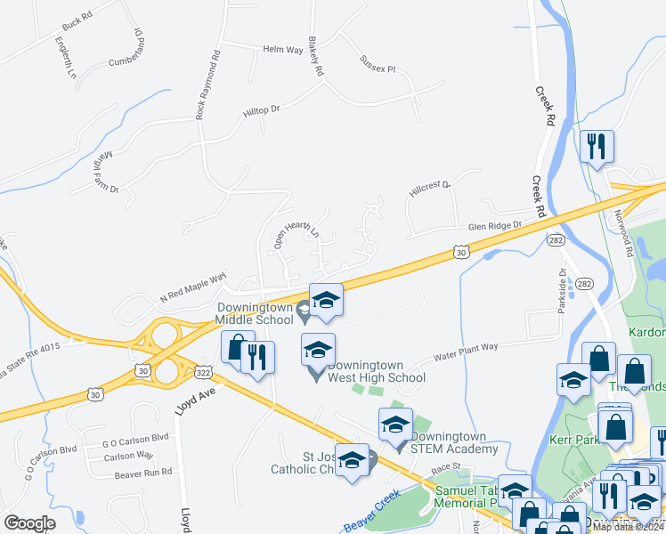 map of restaurants, bars, coffee shops, grocery stores, and more near 2303 Higgins Circle in Downingtown
