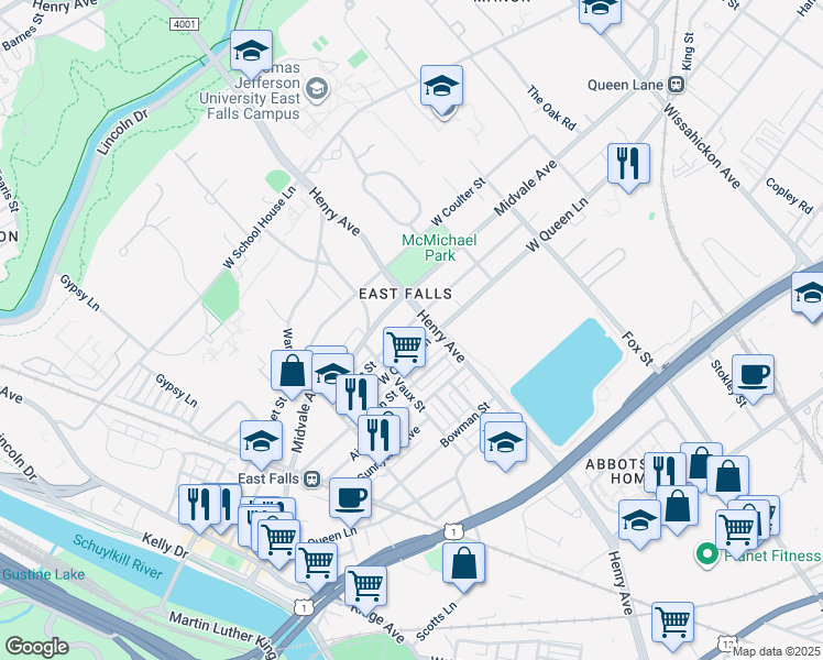 map of restaurants, bars, coffee shops, grocery stores, and more near 3310 West Penn Street in Philadelphia