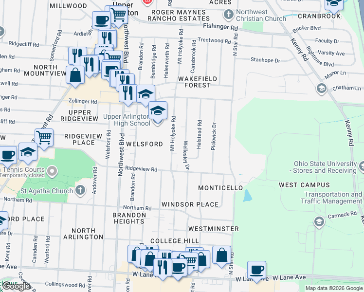 map of restaurants, bars, coffee shops, grocery stores, and more near 2835 Wellesley Drive in Columbus