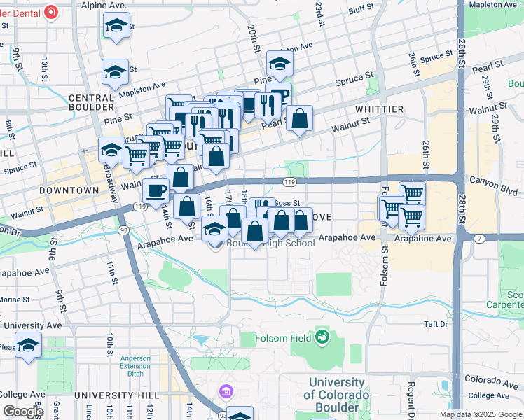 map of restaurants, bars, coffee shops, grocery stores, and more near 1623 19th Street in Boulder