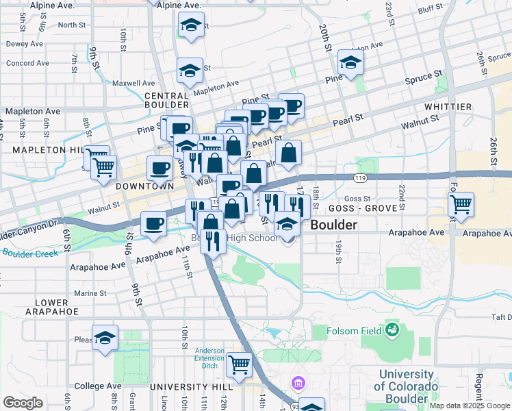 map of restaurants, bars, coffee shops, grocery stores, and more near 1722 14th Street in Boulder