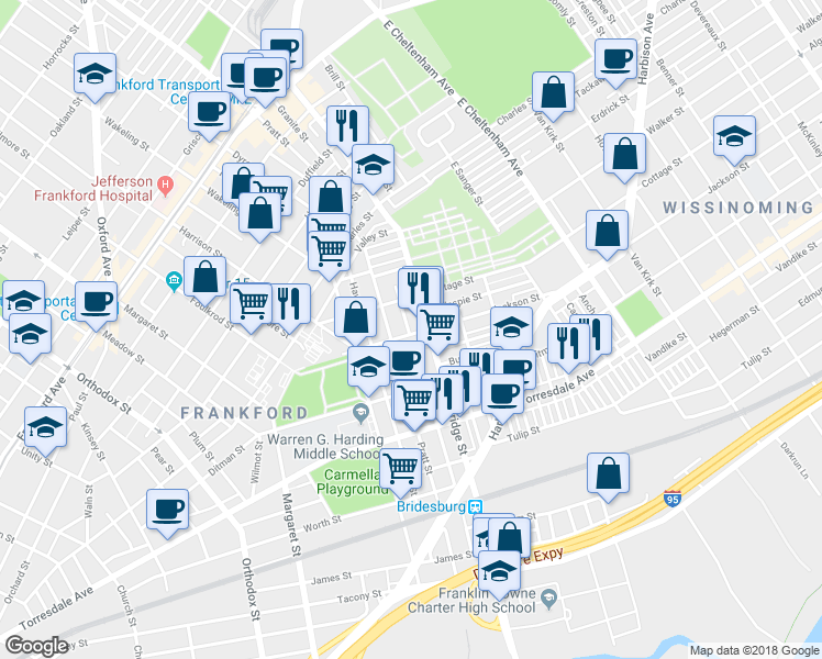 map of restaurants, bars, coffee shops, grocery stores, and more near 5126 Jackson Street in Philadelphia