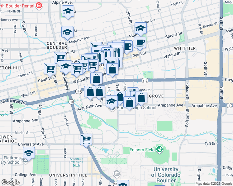 map of restaurants, bars, coffee shops, grocery stores, and more near 1627 17th Street in Boulder