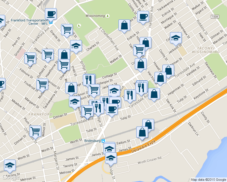 map of restaurants, bars, coffee shops, grocery stores, and more near 5307 Glenloch Street in Philadelphia